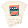 A retro vintage style illustration of Yellowstone National Park with mountains, trees, and scenic landscape.