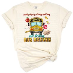 Cheerful cartoon bus driver smiling with a school bus and school-themed accents.