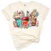 Pastel coffee drinks with Easter bunnies and colorful eggs in a playful spring style.