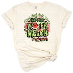 Retro style watermelon slice with playful summer fruit artwork.