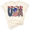 Retro style artwork of an American flag with Christian cross and patriotic text.