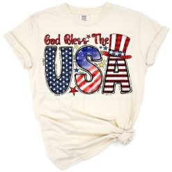 Retro style artwork of an American flag with Christian cross and patriotic text.