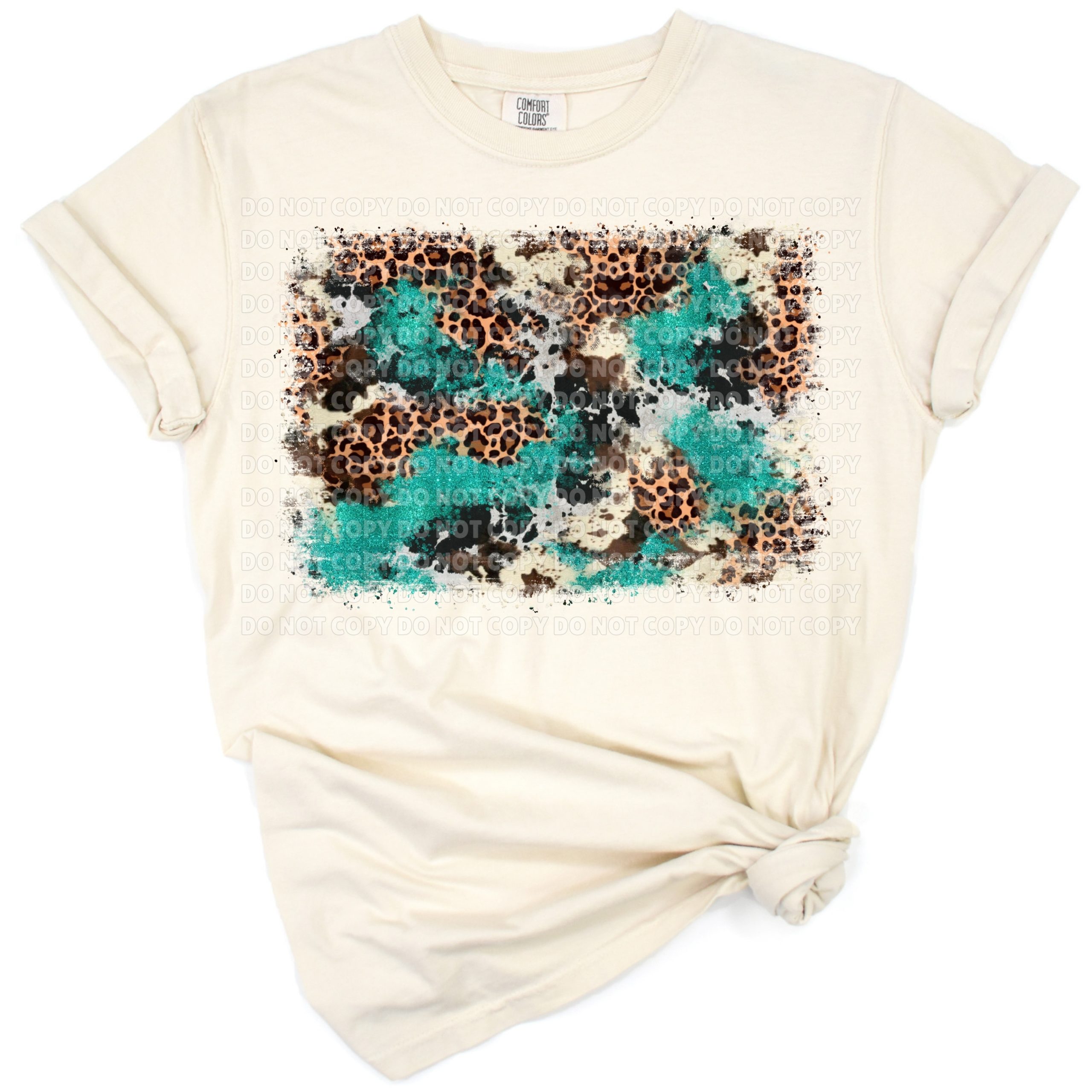 Distressed western design with cowhide, turquoise glitter, and leopard print background.