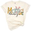 A cute mama bunny with Easter eggs and spring flowers surrounded by playful kids.