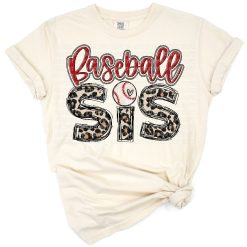 A leopard print baseball with retro text reading sister in a playful script.