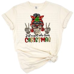A festive Christmas skeleton girl with retro holiday details.