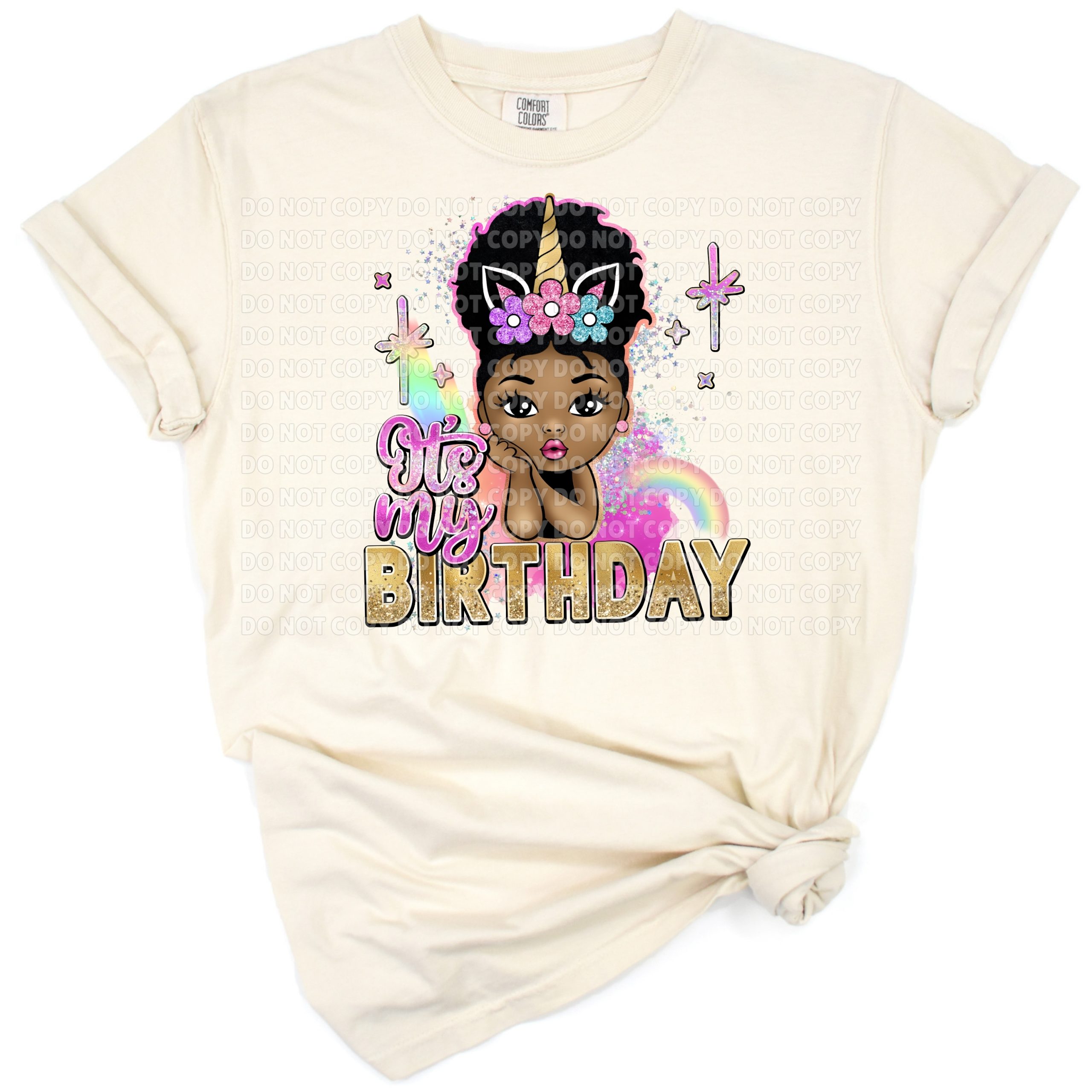 A playful unicorn girl with afro puff hair and a ponytail in birthday celebration style.