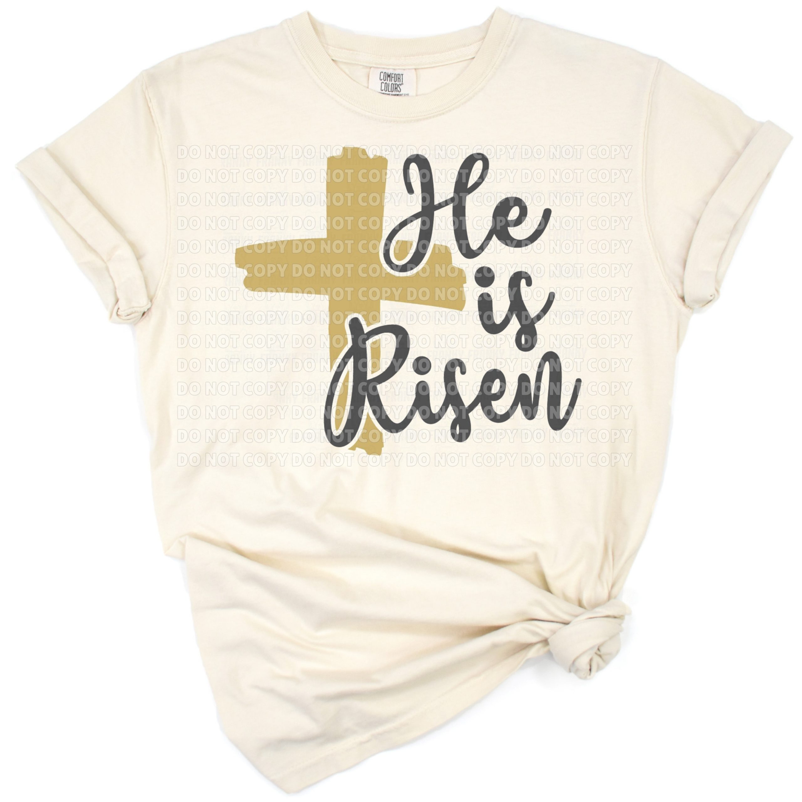 Hand-lettered He is Risen text with a Christian cross and Easter-themed decorative elements.