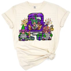 A festive gnome and vintage truck decorated in vibrant Mardi Gras colors with Louisiana carnival elements.