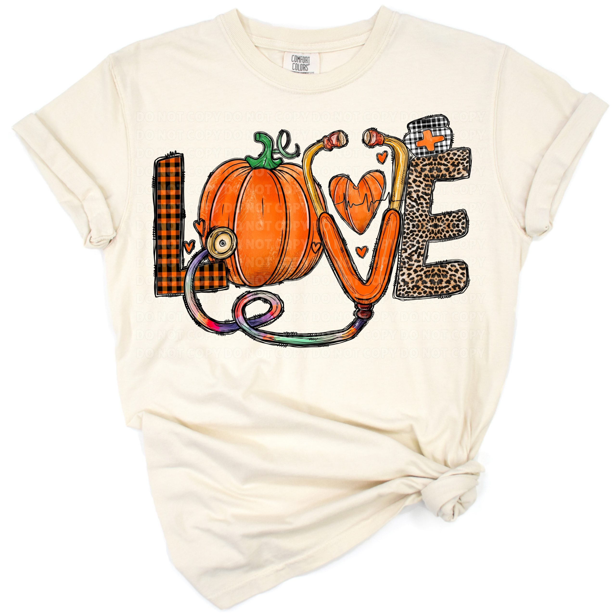 A cute pumpkin decorated with a nurse hat and surrounded by fall leaves.