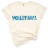A retro volleyball graphic with bold lines and sporty style.