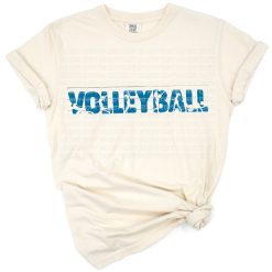 A retro volleyball graphic with bold lines and sporty style.