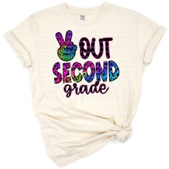A colorful peace hand sign with tie dye and cheetah print accents surrounded by playful school elements.