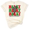A retro stacked Merry Christmas text with a leopard print lightning bolt accent.