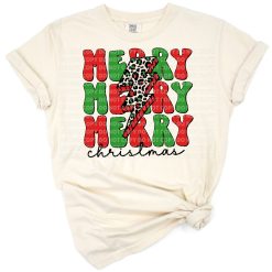 A retro stacked Merry Christmas text with a leopard print lightning bolt accent.