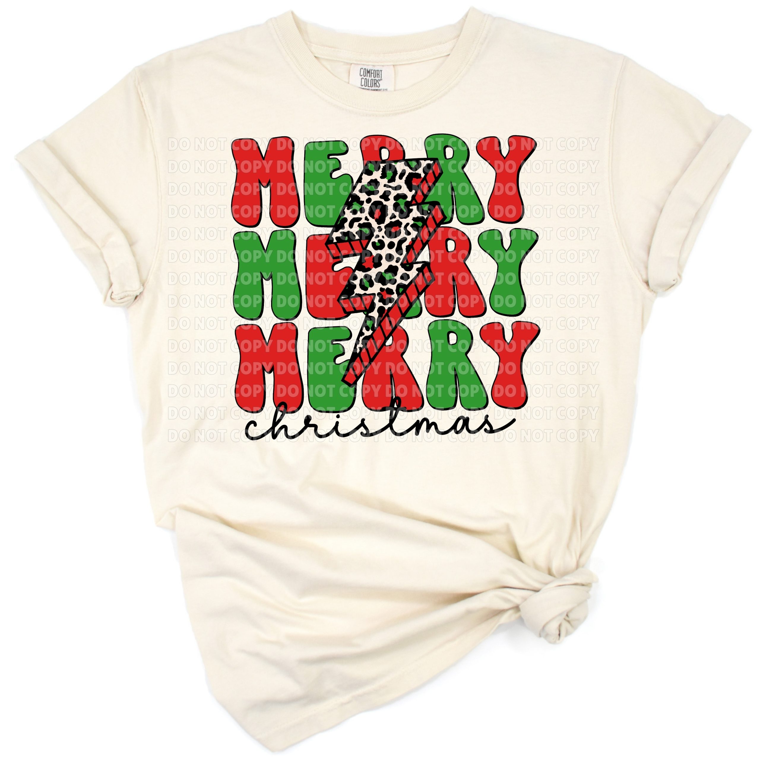 A retro stacked Merry Christmas text with a leopard print lightning bolt accent.