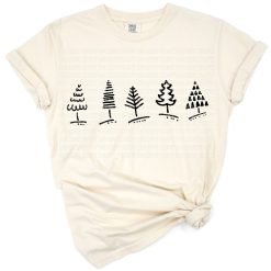 A festive botanical illustration of a pine tree surrounded by seasonal foliage.