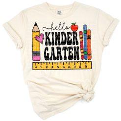 Boho retro style illustration featuring kindergarten and back to school elements.