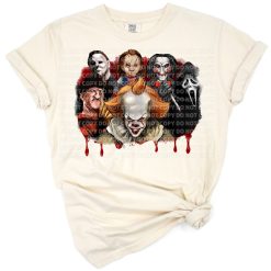 A group of horror-inspired characters standing on a bloody background in a gothic and grunge art style.