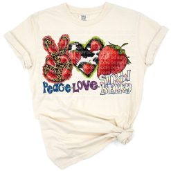 A retro styled peace love strawberry design with bright red strawberries and playful boho motifs.