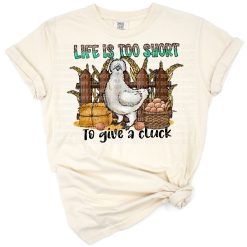 Cartoon chicken with a humorous saying in a rustic farm setting.