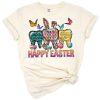 A cheerful Easter design featuring bunny teeth and festive dental elements.