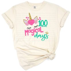 A cheerful unicorn with colorful accents celebrating 100 days of school.