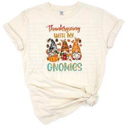 Cute gnome holding autumn leaves with Thanksgiving and fall-themed decorations.