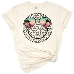 A retro inspired smiley face with leopard print sunglasses and summer theme.