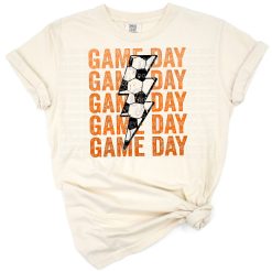A stacked distressed graphic featuring a soccer ball with a bold lightning bolt accent.