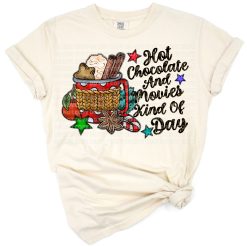 Illustration of cozy Christmas movies and a mug of hot chocolate with festive holiday elements.