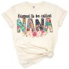 A boho floral design with text reading Blessed to Be Called Nana and pastel flowers.
