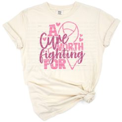 A motivational design with a cancer awareness ribbon and the words A Cure Worth Fighting For.