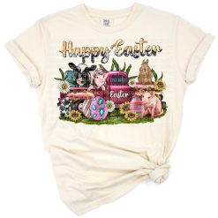 A colorful retro truck filled with cute farm animals and Easter decorations.