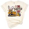 An Easter-themed design with colorful eggs, a cheerful truck, and a backhoe loader in a fun western style.
