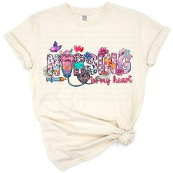 Western style illustration of a heart with a stethoscope in a nurse themed design.