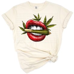 Hand drawn red lips with a marijuana weed design in a boho art style.
