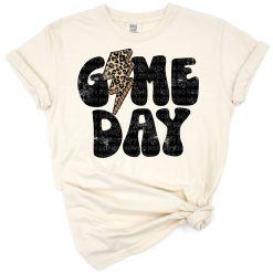 A retro sports design featuring a leopard print lightning bolt and football theme.
