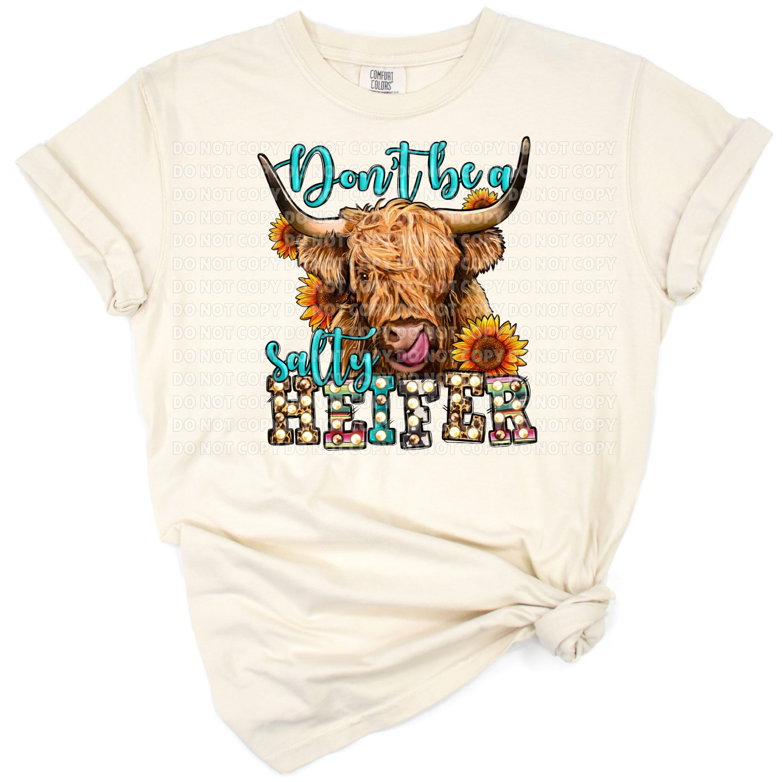 Boho highland cow with a humorous and sarcastic expression on a rustic background.