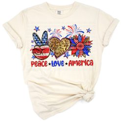 A retro sunflower illustration with peace, heart, and USA flag motifs in red, white, and blue.