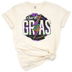 A funny Mardi Gras design with a leopard print lightning bolt in green, purple, and gold.