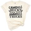 Vintage style camo, deer antlers, bullets and a pickup truck in an outdoor hunting scene.