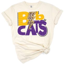 A bobcat mascot with a leopard print lightning bolt in a bold, retro school spirit design.