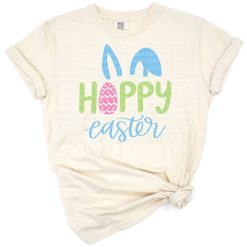 A cheerful cartoon bunny with tall ears surrounded by colorful Easter elements.