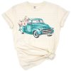 Vintage watercolor antique truck with colorful spring flowers.