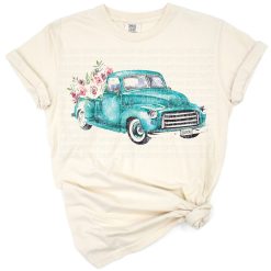 Vintage watercolor antique truck with colorful spring flowers.