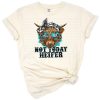 A whimsical illustration of a highland cow with cowhide, cactus, and western farm elements in a humorous style.