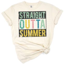 Retro inspired back to school design with vintage colors and bold text saying straight outta summer.
