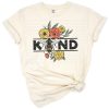 Vintage style Be Kind illustration with flowers and bees in a cheerful, retro theme.