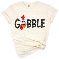 Bold Gobble text with a festive turkey illustration for Thanksgiving.